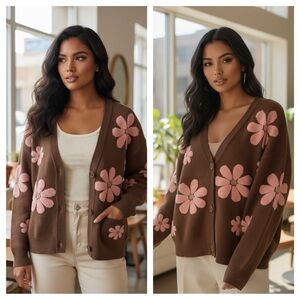 Nikka K Stylish Brown Pink Floral Stretchy Cardigan Sweater Button Front Size L